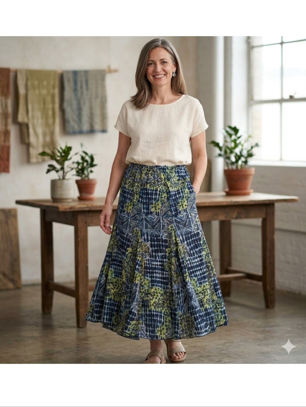 Hearts of Palm Blue Green Geometric Cotton A-Line Midi Pull On Skirt 18